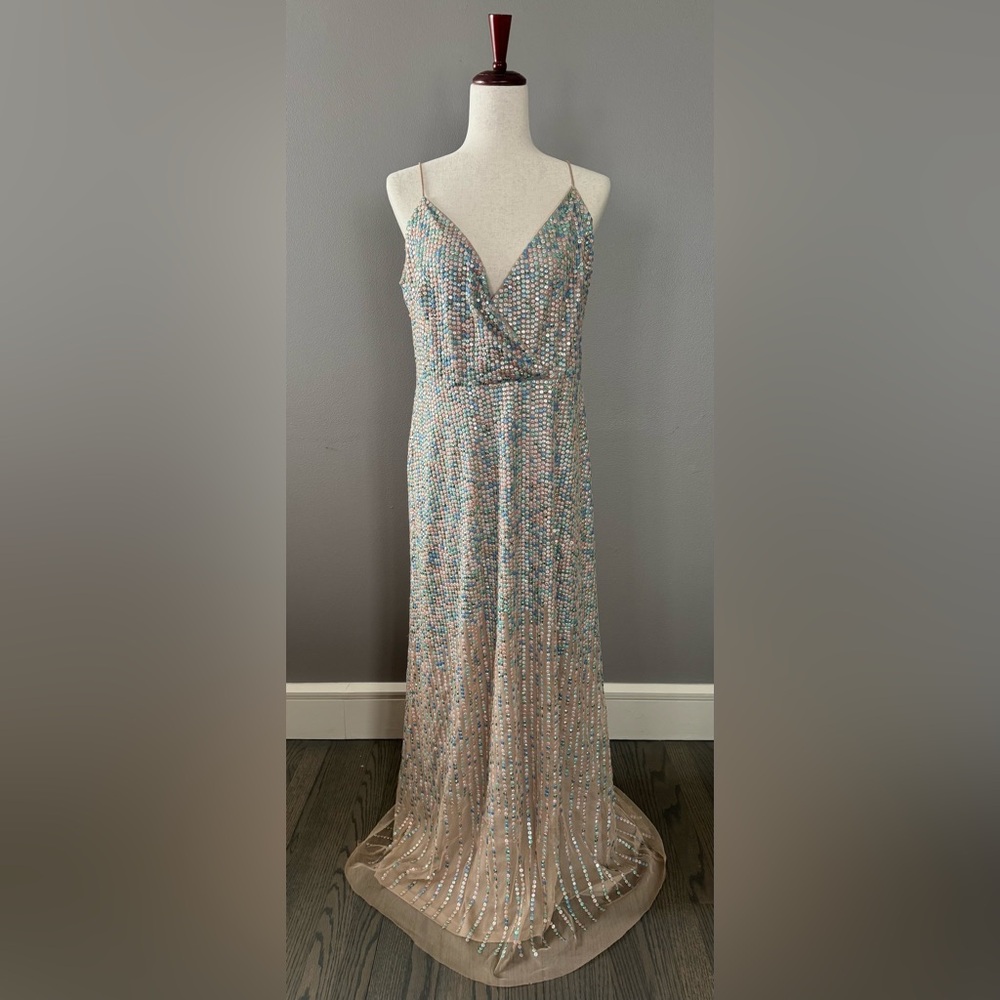 Adrianna Papell Iridescent Sequin Spaghetti Strap Midi Dress - Nude/Iridescent